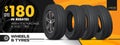 Car tire sale banner, buy 3 get 1 free. Car tyre service flyer promo background. Tire sale advertising. Wheels. Web design black r